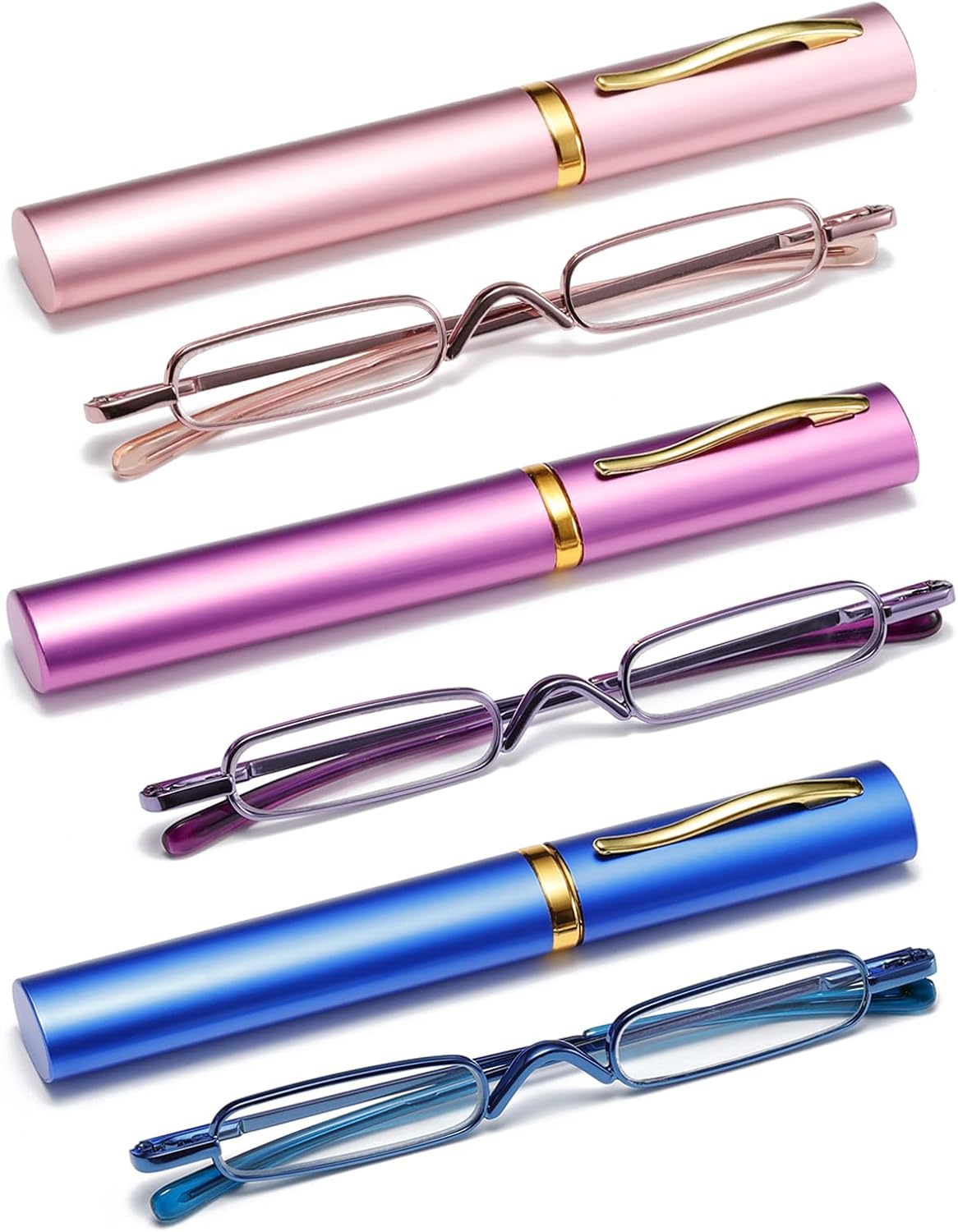 3 Pack Mini Slim Pen Reading Glasses - Compact Readers with Pen Clip Case Spring Hinge Metal Frame Eyeglasses (Pink, Purple, Blue, +2.00)