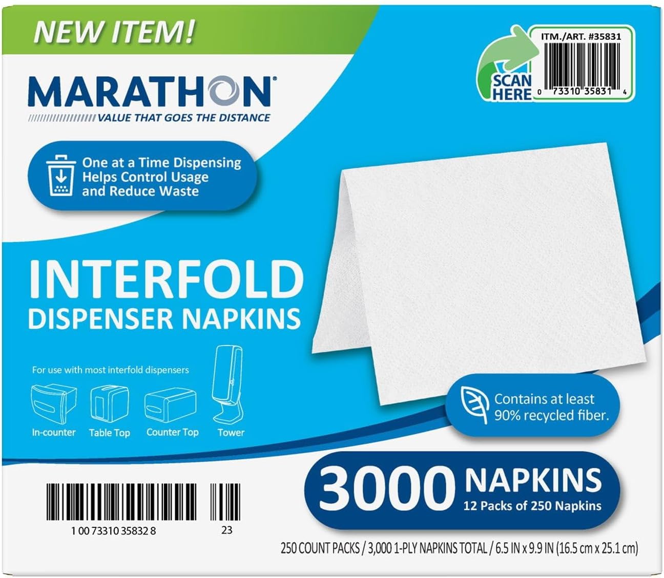 Marathon Interfold 1-Ply White Dispenser Napkins, 12 pk., 250 napkins/pk.