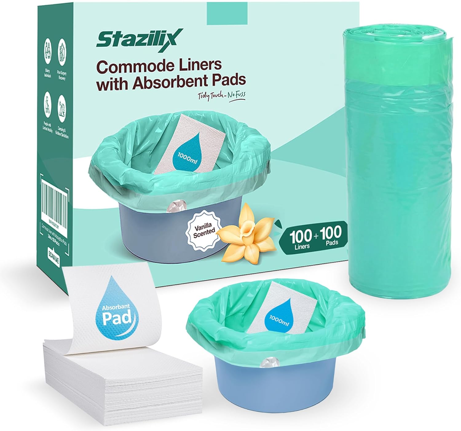 100 Commode Liners + 100 Absorbent Pads - Bedside Commode Liners with Absorbent Pads (40 Microns) - Extra Thick, Disposable, & Leak-Proof, Gel Absorbent Core, Vanilla Scent, Strong Drawstring Closure