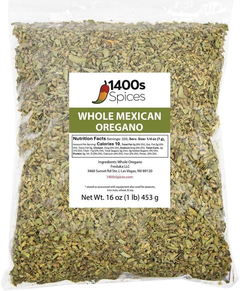 1lb Dried Mexican Oregano Food Service Size. Perfect for Taco Seasoning Tamales, Meats, Enchiladas, Cheese, Salads. Rich Flavor Spices for Mexican Recipes by 1400s Spices