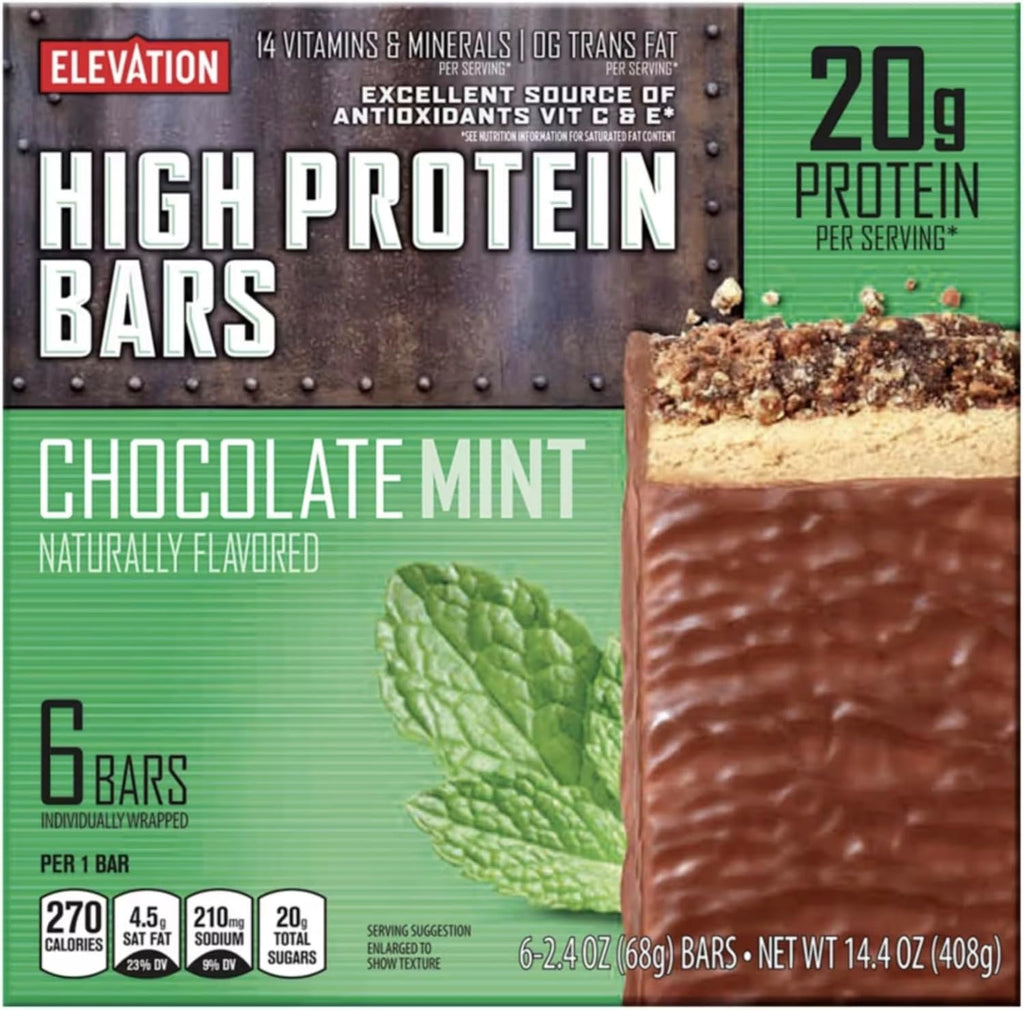 Elevation High Protein Bars – Chocolate Mint Flavor – 20g Protein Per Bar – 6 Count, 14.4 oz Total – Low Sugar, Post Workout Snack, Muscle Recovery, Meal Replacement, Energy Bar