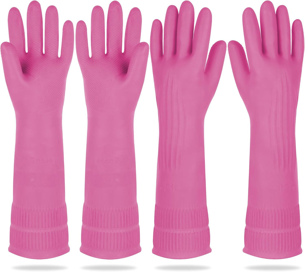 DABOGOSA Mamison 2 Pairs Reusable Waterproof Household Dishwashing Cleaning Rubber Gloves, Non-Slip Kitchen Glove (Pink, Large (Pack of 2))
