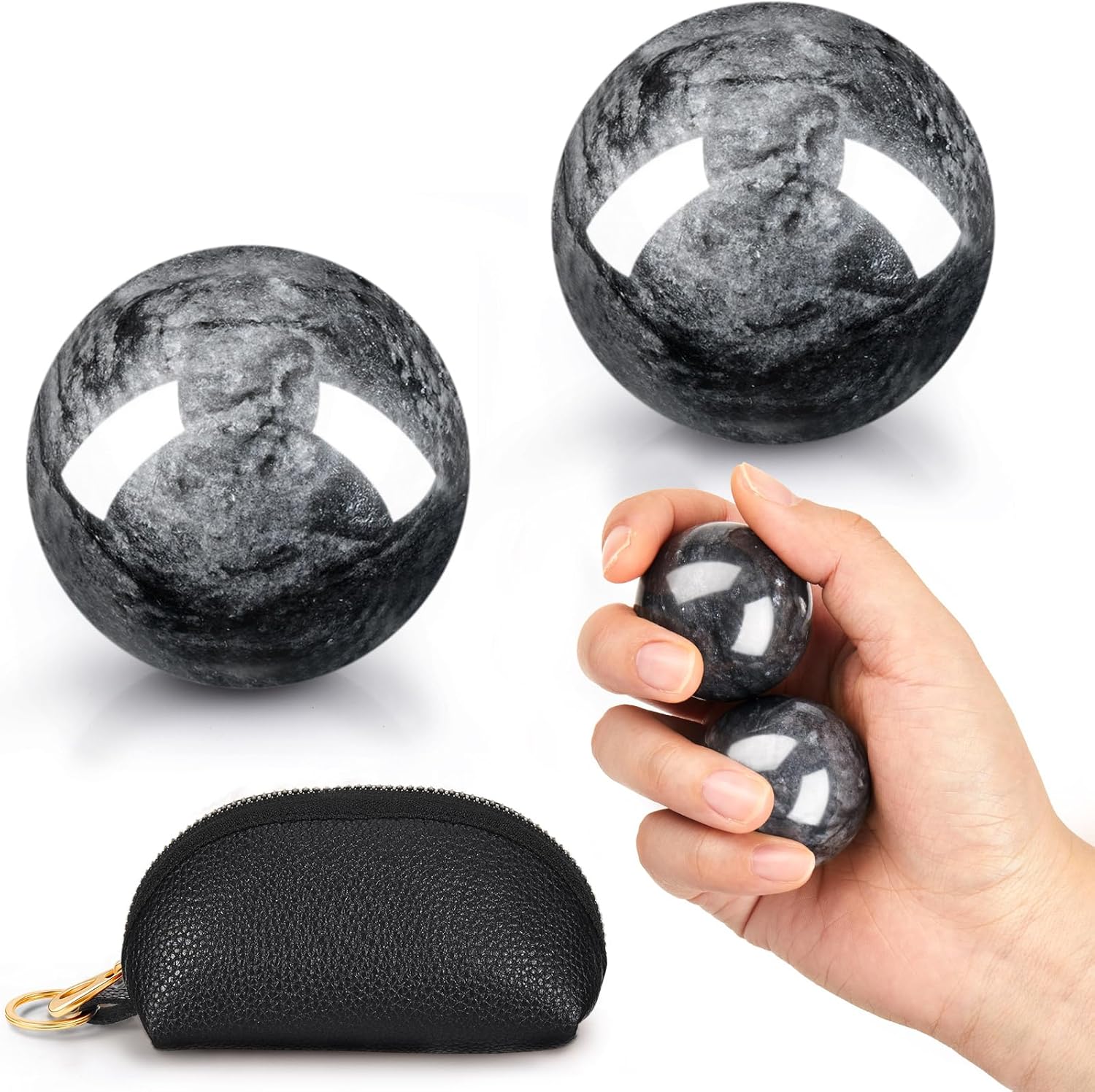 AceOrbit Baoding Balls Set of 2, Chinese Stress Relief Hand Exercise Balls with Leather Pouch, 1.57 Inch Dark Grey Marble, Finger Exercise and Wrist Strength Training