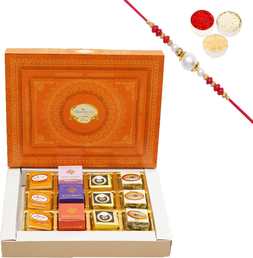 Ghasitaram Gifts Jaiccha Rakhi Gifts for Brothers Best Assorted Bites 12 pcs with Rakhi