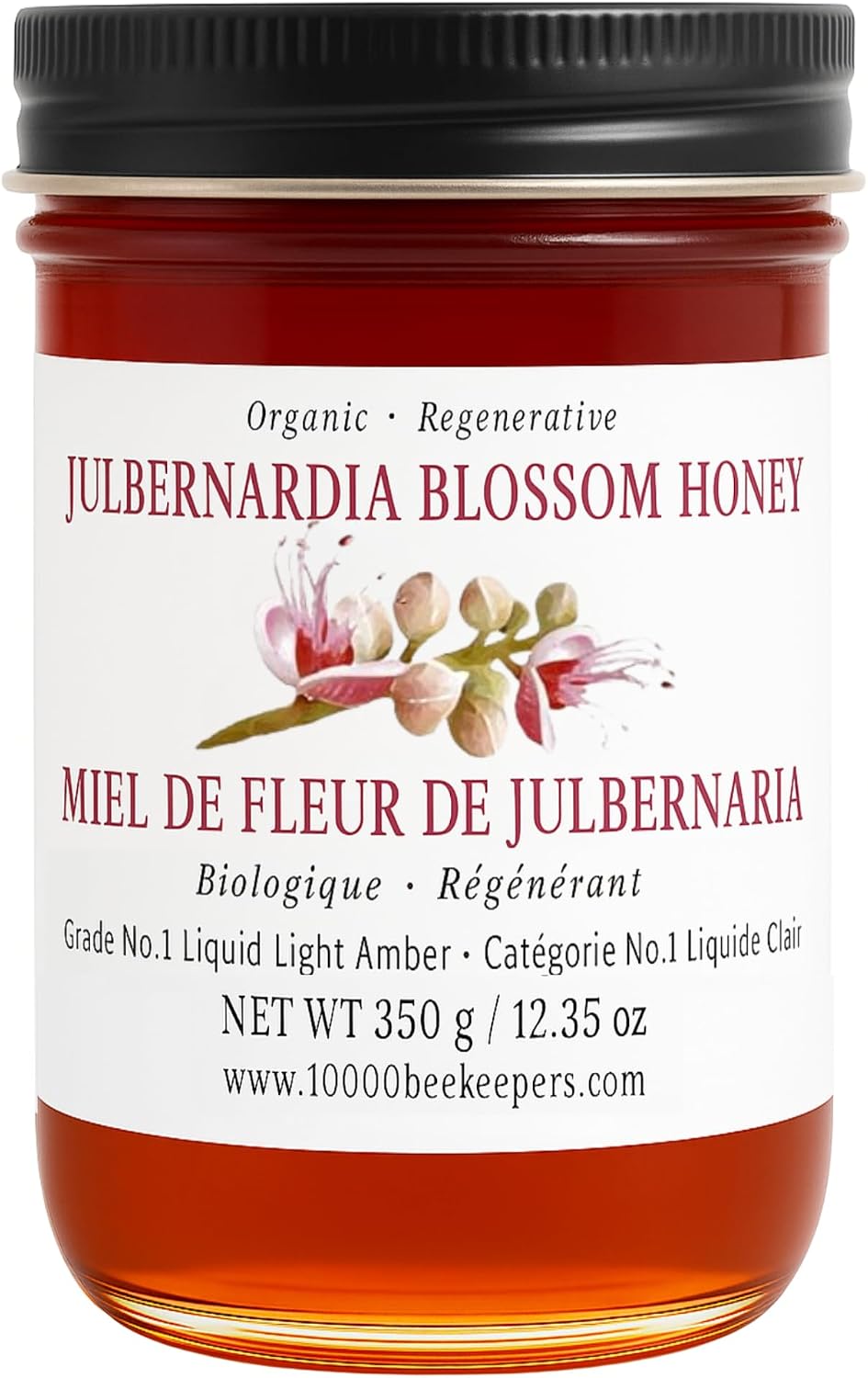 Julbernardia Blossom Organic Raw Honey in Glass Jar, Raw Organic Honey Extracted from Wild Honeycombs in Zambia Woodlands, Unpasteurized Miel de Abeja Organica, 12.35oz