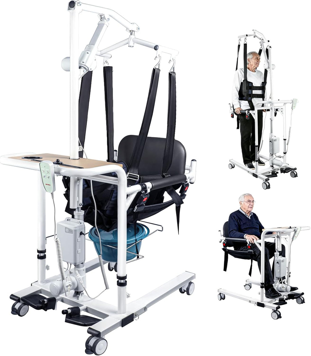 Patient Lift Transfer Chair, 5 in 1 Multifunctional with 180° Split Seat, 4 Locking Casters, Height Adjustable for Home Seniors Elderly, 440Lbs Load (Silver, Electric with Hanger)
