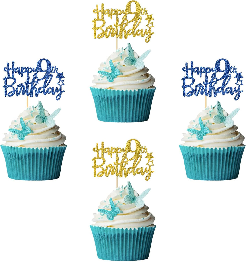 Happy 9th Birthday Cupcake Toppers - Kid Girl Boy Nine Years Old Bday Cupcake Supplies - 9th Birthday Party Decorations - 24 PCS Blue & Gold Glitter