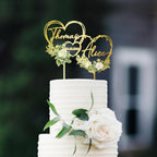 Personalized Hearts Wedding Cake Topper in Acrylic and Wood Custom Bride Groom Names and Wedding Date White Floral Design Cake Decoration