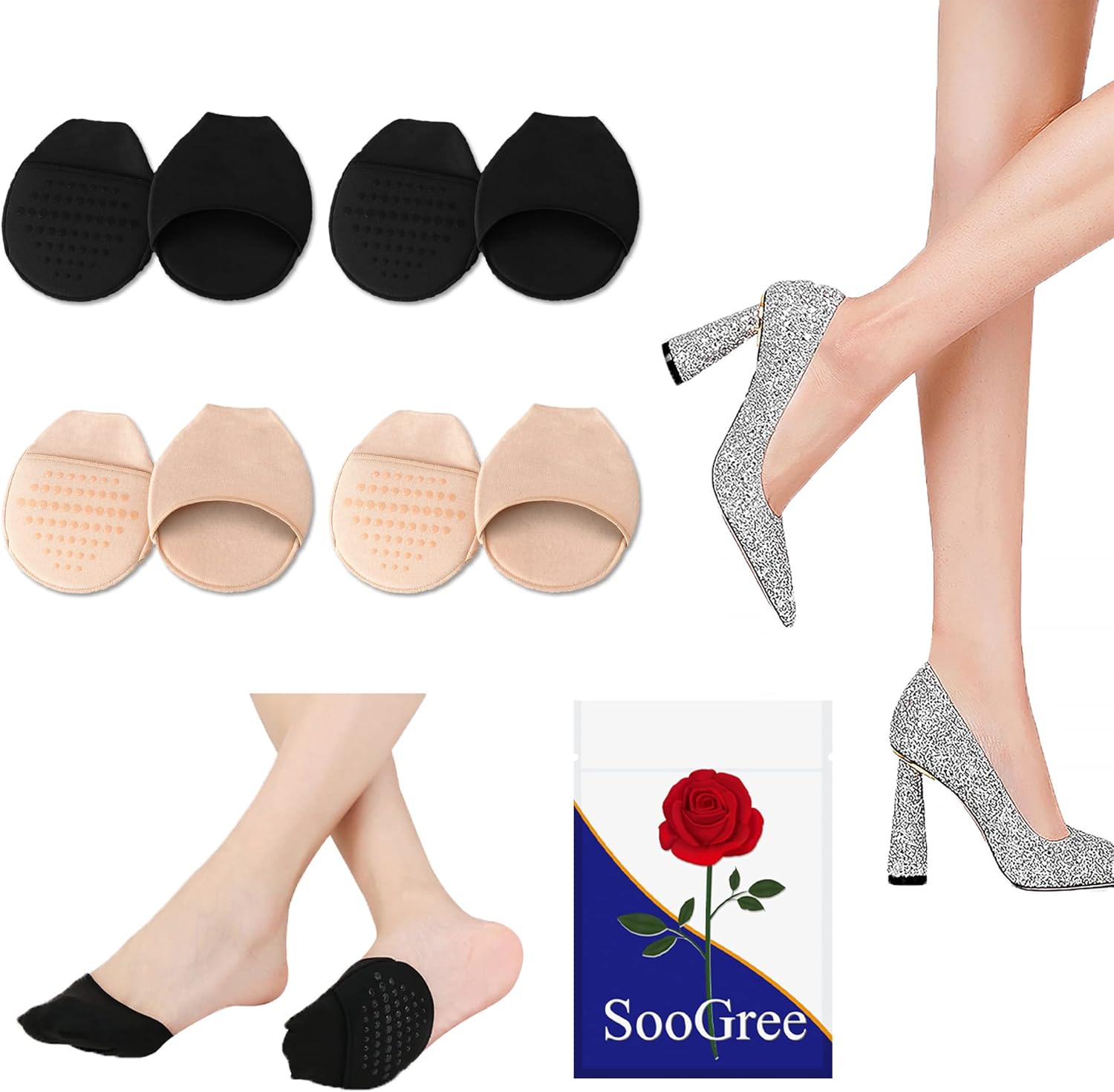 4 Pairs Ball of Foot Cushion Socks Seamless Toe Topper Socks Half Forefoot Socks Non-Slip Pain Relief Sponge Toe Half Socks