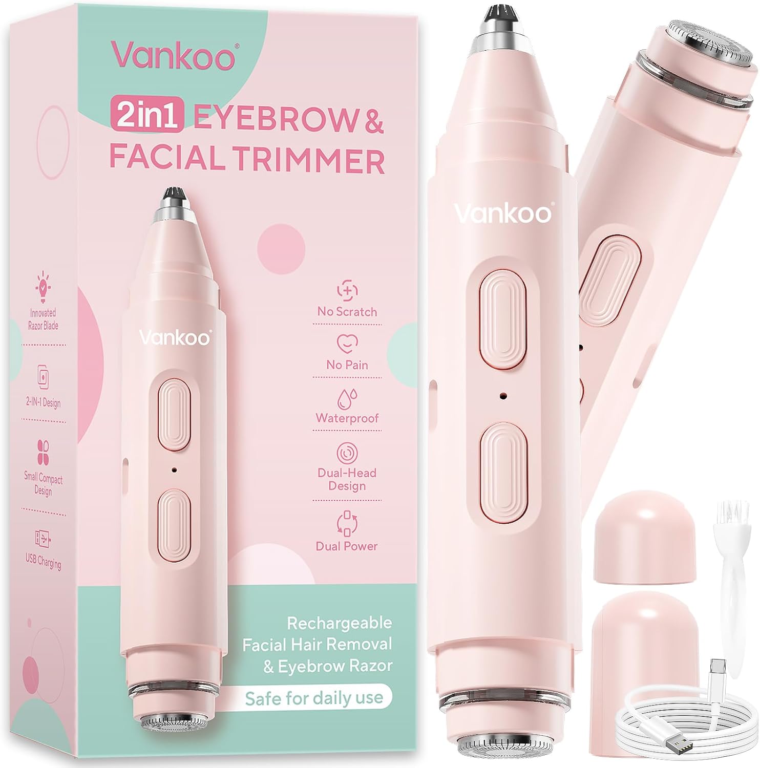 Facial Hair Remover & Eyebrow Trimmer - 2 in 1 Eyebrow & Face Shaver for Women - Rechargeable Face Razors for Women with Built-in LED Lights - Painless Hair Removal for Flawless Skin & Makeup
