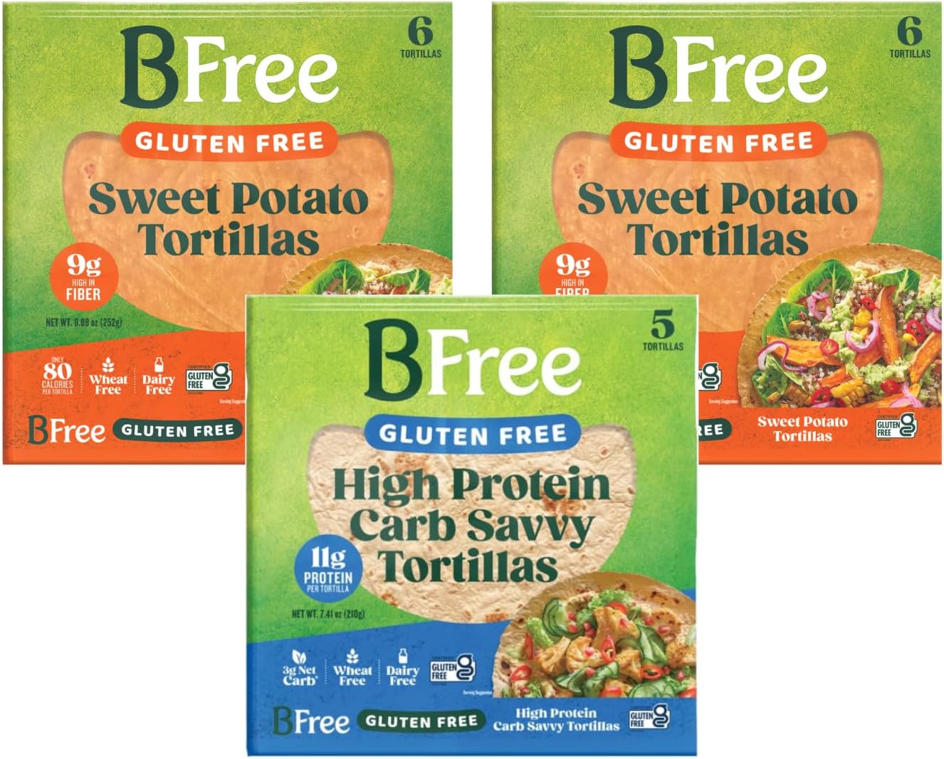 BFree Variety Pack, 1 High Protein Carb Savvy Wraps, 7.41 OZ, 2 Sweet Potato Wraps, 8.89 OZ, 1 CT