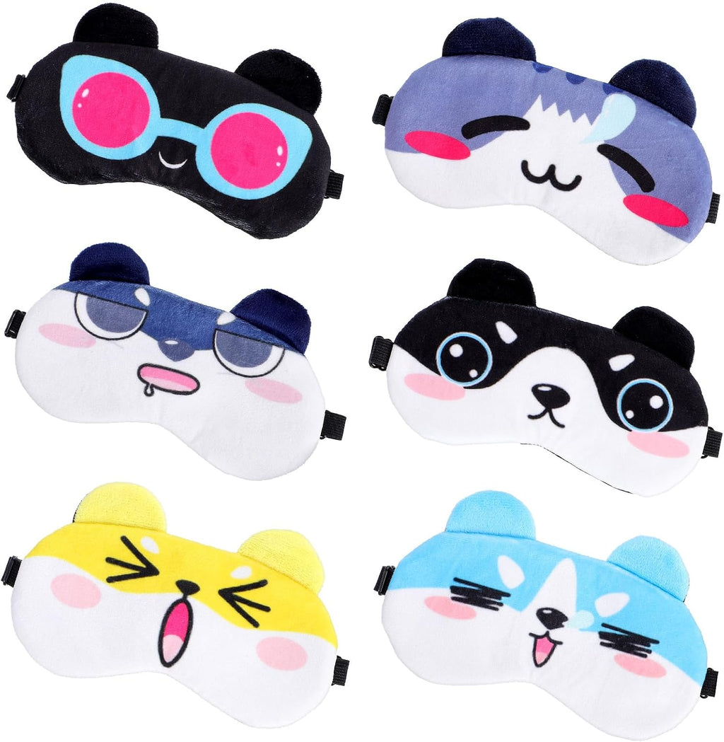6 Pcs Cute Kids Sleep Mask Funny Animal Sleeping Mask Cartoon Cat Dog Face Eye Cover Soft Lightweight Blindfold Adjustable Kitty Eyeshade for Girls Boys Women Men Travel Relax Nap Party