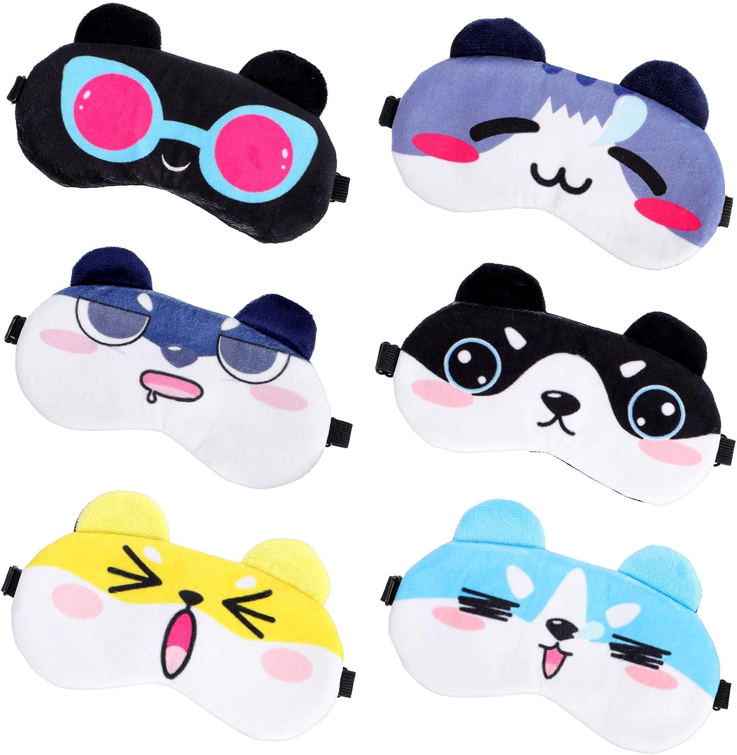 6 Pcs Cute Kids Sleep Mask Funny Animal Sleeping Mask Cartoon Cat Dog Face Eye Cover Soft Lightweight Blindfold Adjustable Kitty Eyeshade for Girls Boys Women Men Travel Relax Nap Party