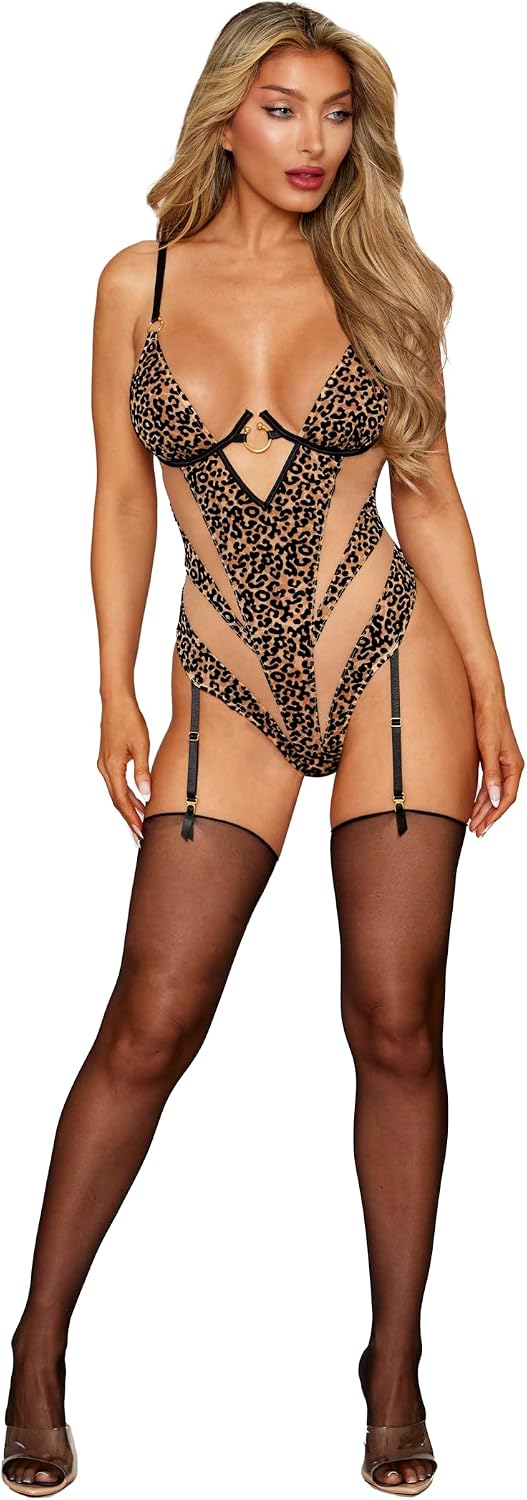 Dreamgirl Women's Dreamgirl Leopard Garter Teddy