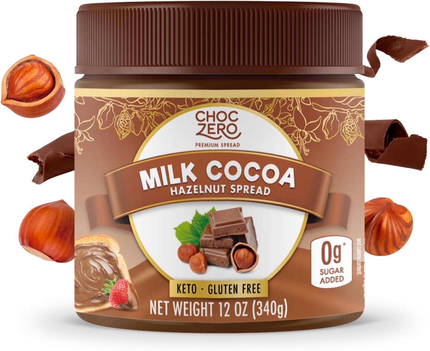 ChocZero Milk Chocolate Hazelnut Spread - No Added Sugar, Keto Friendly Low-Carb Chocolate Hazelnut Dessert & Bread Topping, Gluten Free, High Fiber, 12 oz Jar