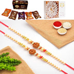 Ghasitaram Gifts Jaiccha Rakhi for Brother Rakhis Online - Set of 2 - Y-3 Rudraksh Rakhiwith Asorted bites box and 200 gms of Kaju katli