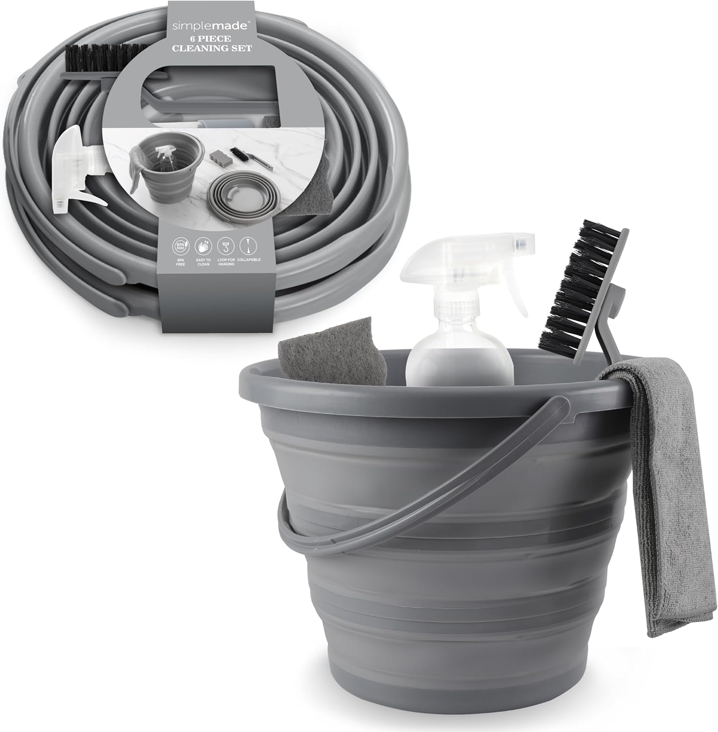 SIMPLEMADE Collapsible Bucket Cleaning Set - Includes 2 Foldable Buckets, Spray Bottle, Rag, Scrubbing Brush and Sponge - Holds Up to 10 liters, Easy Storage, All-Purpose Cleaning Solution