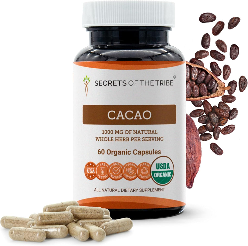 Secrets of the Tribe Cacao 60 Capsules, 1000 mg, USDA Organic Cacao (Theobroma Cacao) Dried Raw Beans (60 Capsules)