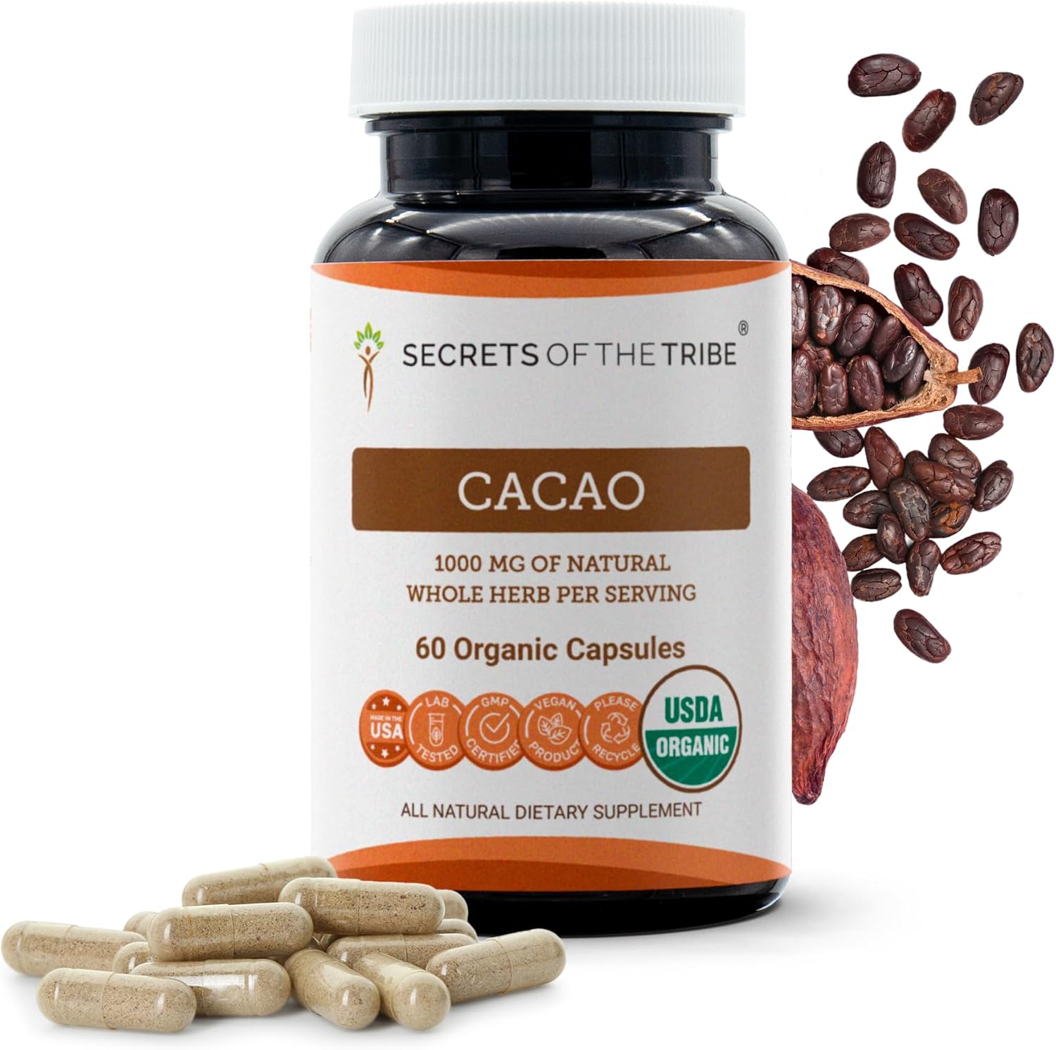 Secrets of the Tribe Cacao 60 Capsules, 1000 mg, USDA Organic Cacao (Theobroma Cacao) Dried Raw Beans (60 Capsules)