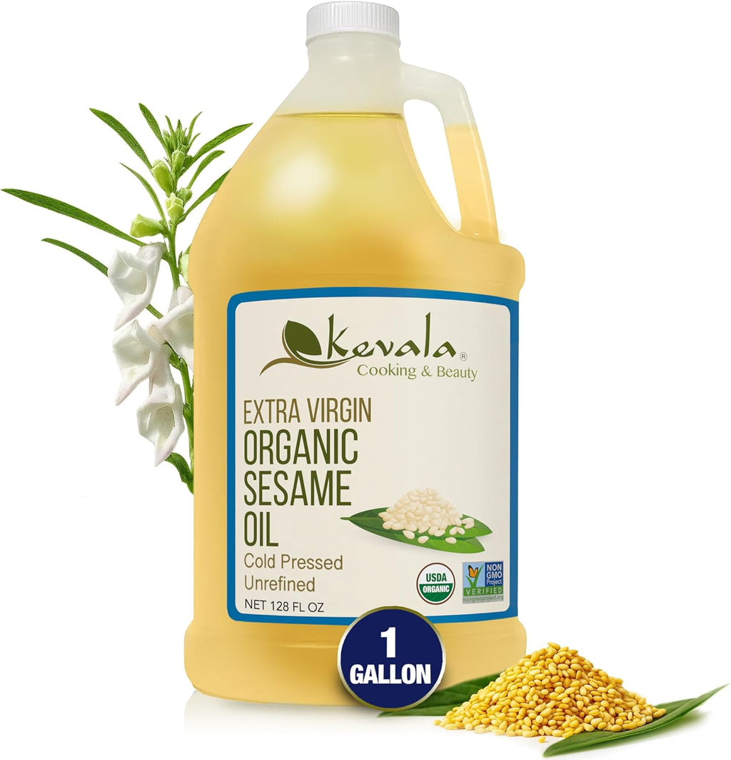 Kevala Organic Extra Virgin Sesame Oil – Cold Pressed, Unrefined & Non-GMO Cooking Oil for Salad, Frying, Baking, and Skin or Hair Use – Gluten Free & Kosher Certified – 128 Oz