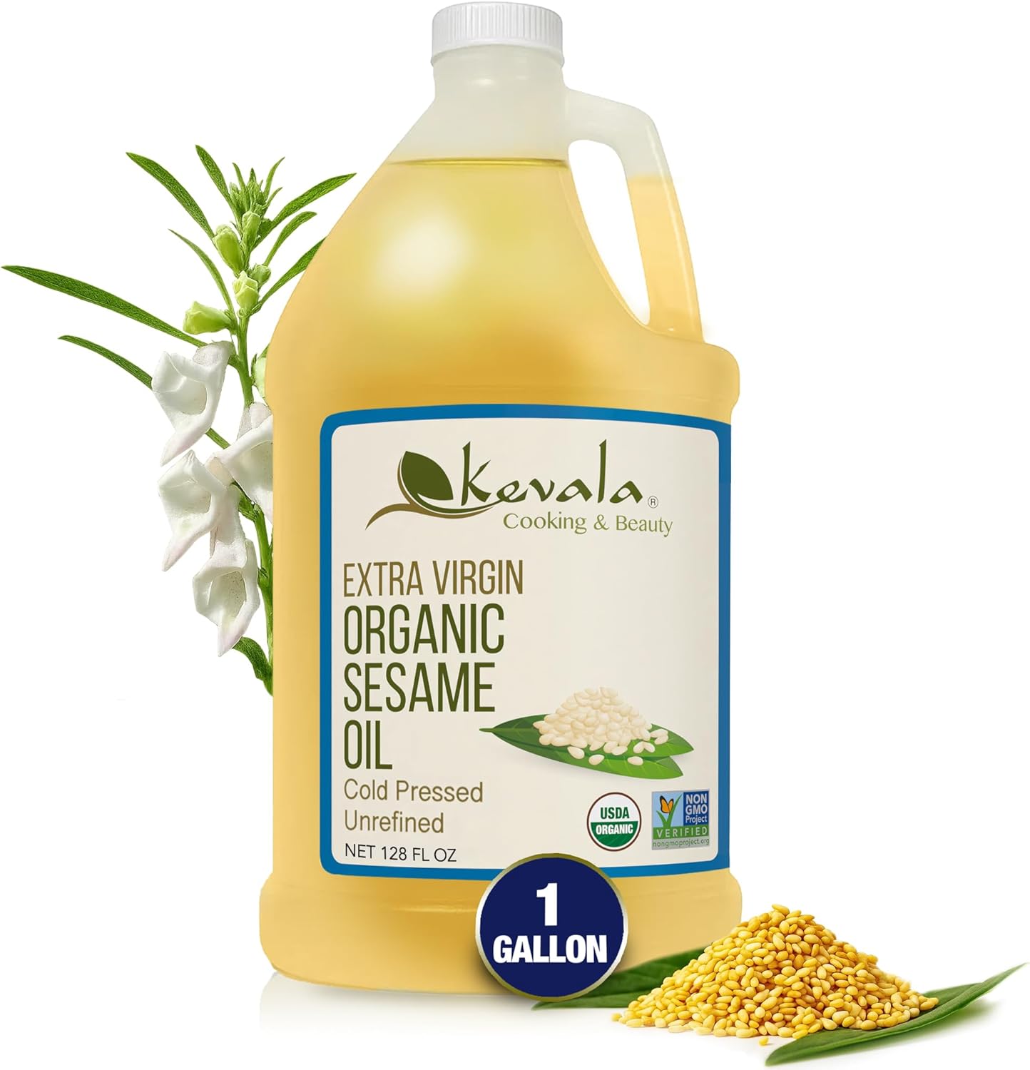 Kevala Organic Extra Virgin Sesame Oil – Cold Pressed, Unrefined & Non-GMO Cooking Oil for Salad, Frying, Baking, and Skin or Hair Use – Gluten Free & Kosher Certified – 128 Oz