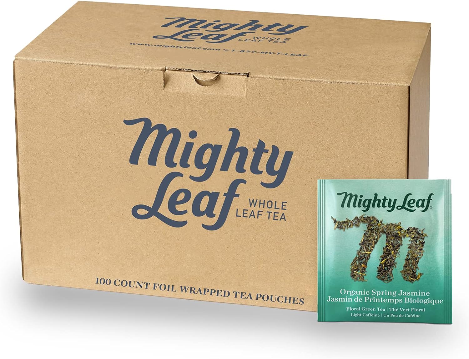 Mighty Leaf Organic Spring Jasmine Green Tea – 100 Count Premium Silken Tea Bags – Foil Wrapped for Freshness – Whole Leaf Green Tea with Floral Jasmine Aroma – USDA Organic Certified