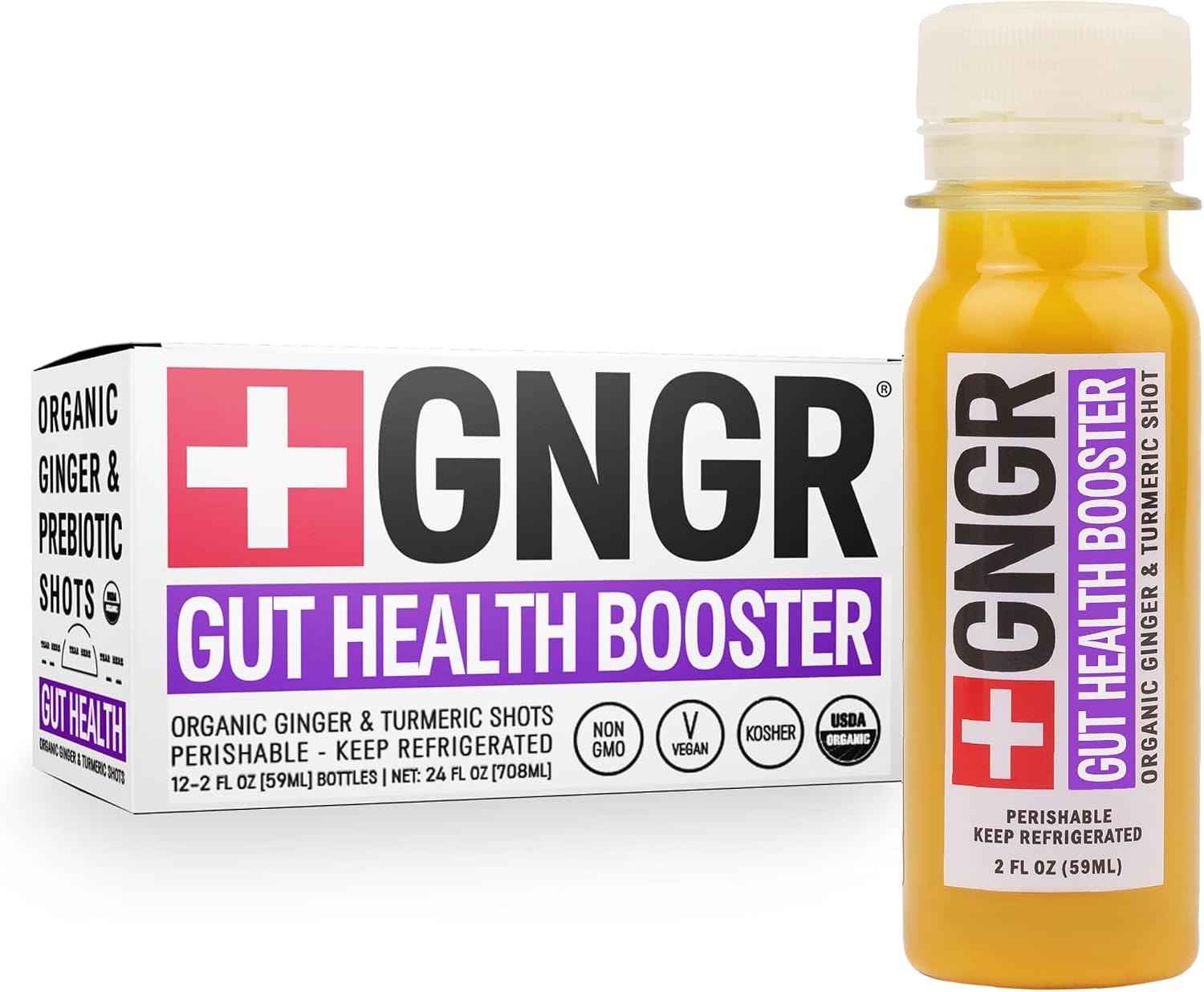 +GNGR Gut Health Shot – Prebiotic and Probiotic for Women & Men - Digestive & Immune Support, Organic Ginger Shot with Apple Cider Vinegar, Turmeric, Aloe Vera 2 fl oz (12-Pack)