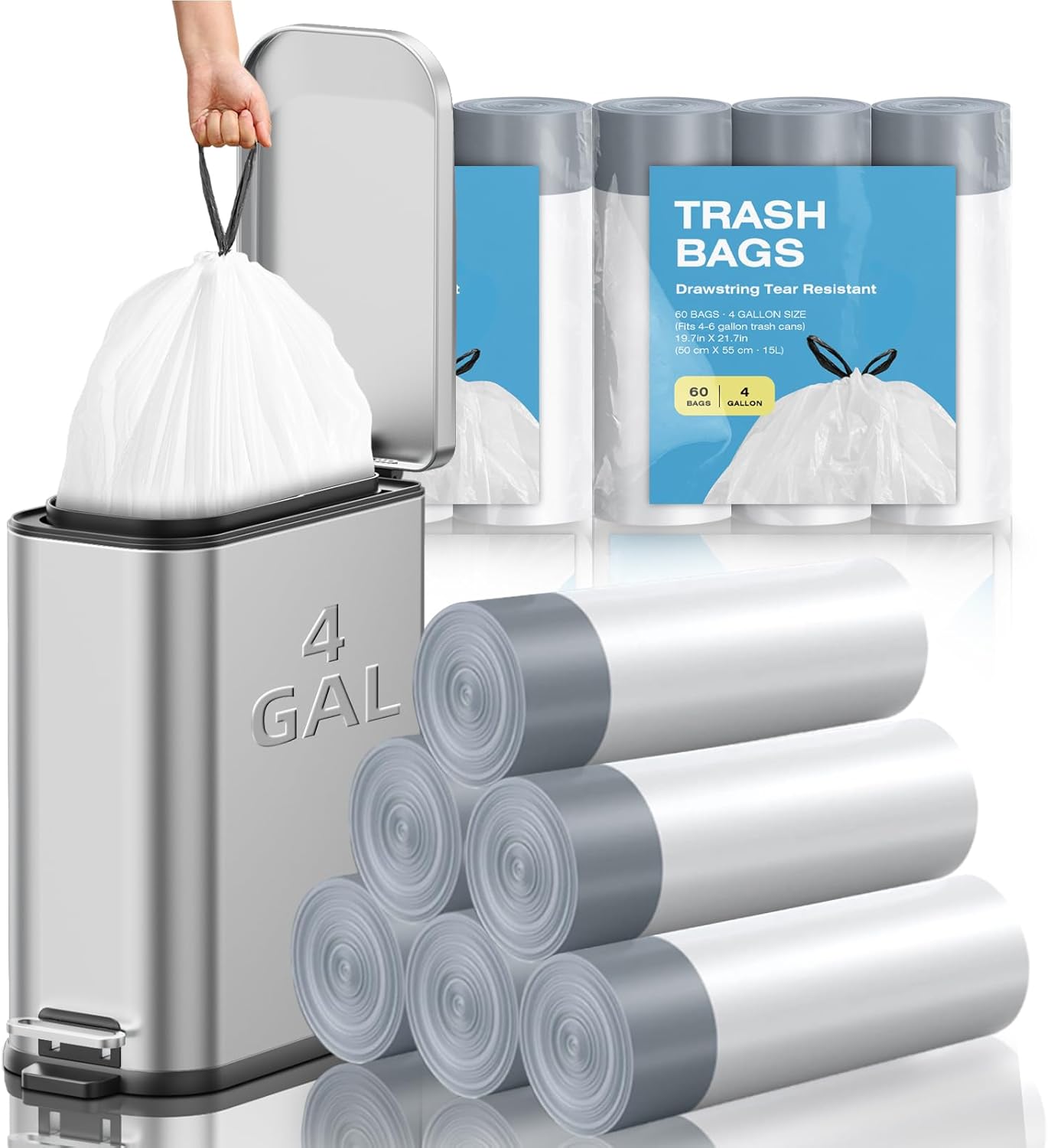4 Gallon Mini Drawstring Trash Bags, Small Garbage Bags by KSSKSS, Code a fit 15-22 Liter, 4-6 Gal, White Trash Bin Liners for Home Office Kitchen Bathroom Bedroom, 120 Counts