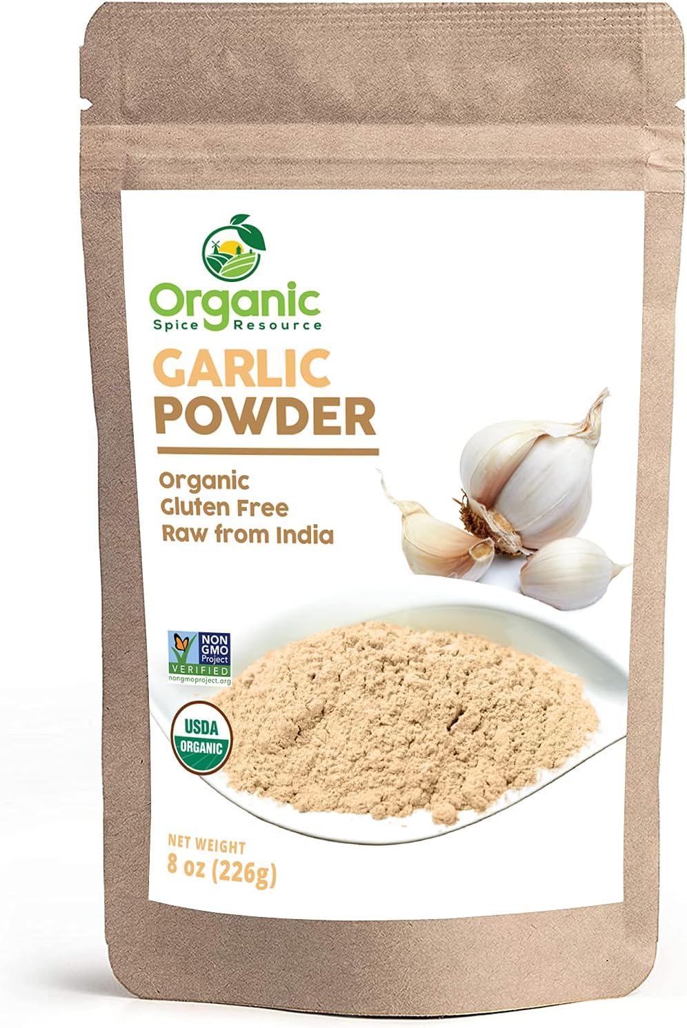 Organic Garlic Powder | 8 oz (226g) | USDA Organics and Non-GMO Verified Project Approved | Product of India | 100% Raw and Natural | Resealable Kraft Bag by SHOPOSR