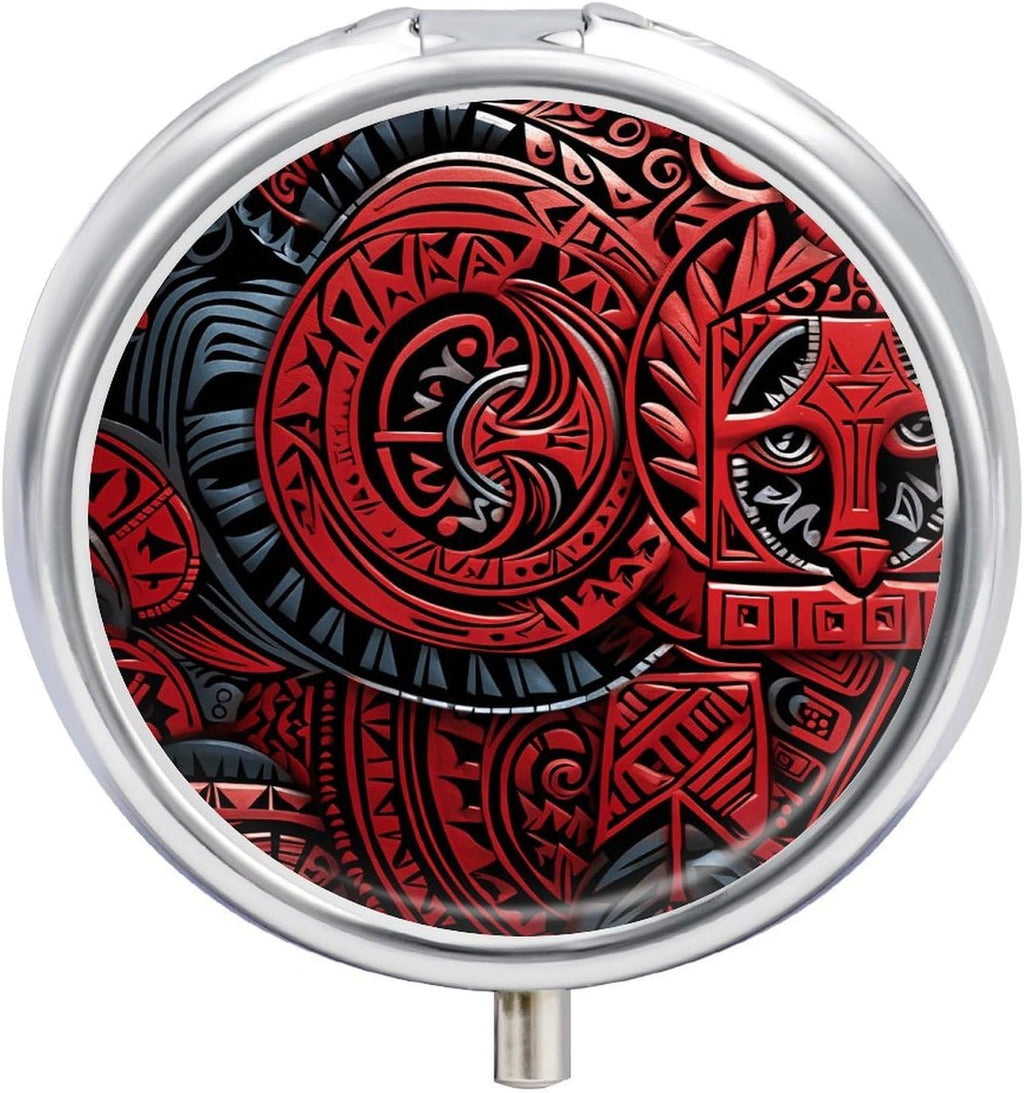 Red Tribal Pattern Pill Box Cute Round Pill Case Portable Medication Organizer 3 Independent Compartments Moisture-Proof Medicine Holder for Travelers, Seniors & Caregivers