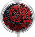 Red Tribal Pattern Pill Box Cute Round Pill Case Portable Medication Organizer 3 Independent Compartments Moisture-Proof Medicine Holder for Travelers, Seniors & Caregivers