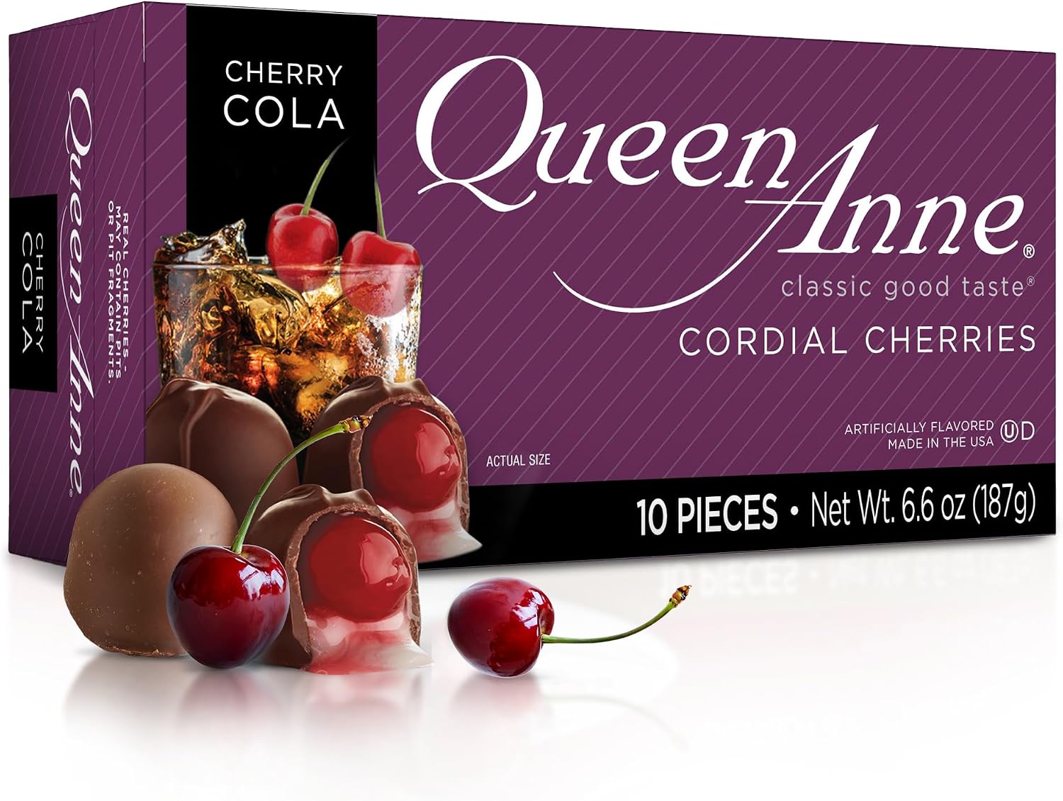 Queen Anne Cherry Cola Chocolate Covered Cordial Cherries | 6.6 oz | 10 Piece Gift Box | Whole Maraschino Cherry Creamy Filled Liquid Center | Holiday Party Chocolate Candy