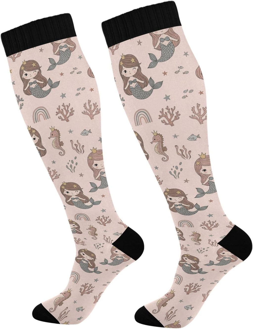 Mermaid Seahorse Pink Pattern Compression Socks for Women Men Nurses Compression Stockings Long Socks for Workout Hiking Running Long Flight
