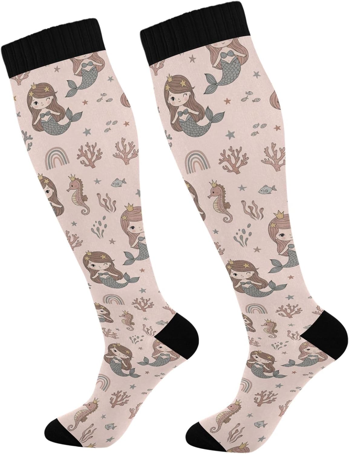 Mermaid Seahorse Pink Pattern Compression Socks for Women Men Nurses Compression Stockings Long Socks for Workout Hiking Running Long Flight