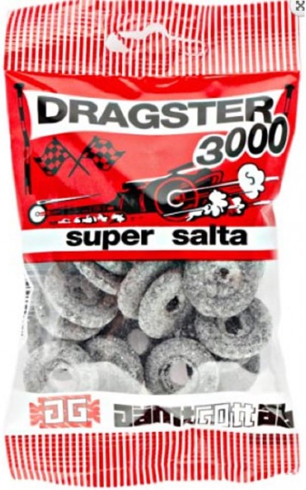 50 Bags x 50g of Dragster 3000 - Super Salta - Original - Swedish - Salty Licorice - Wine Gums - Candies - Sweets