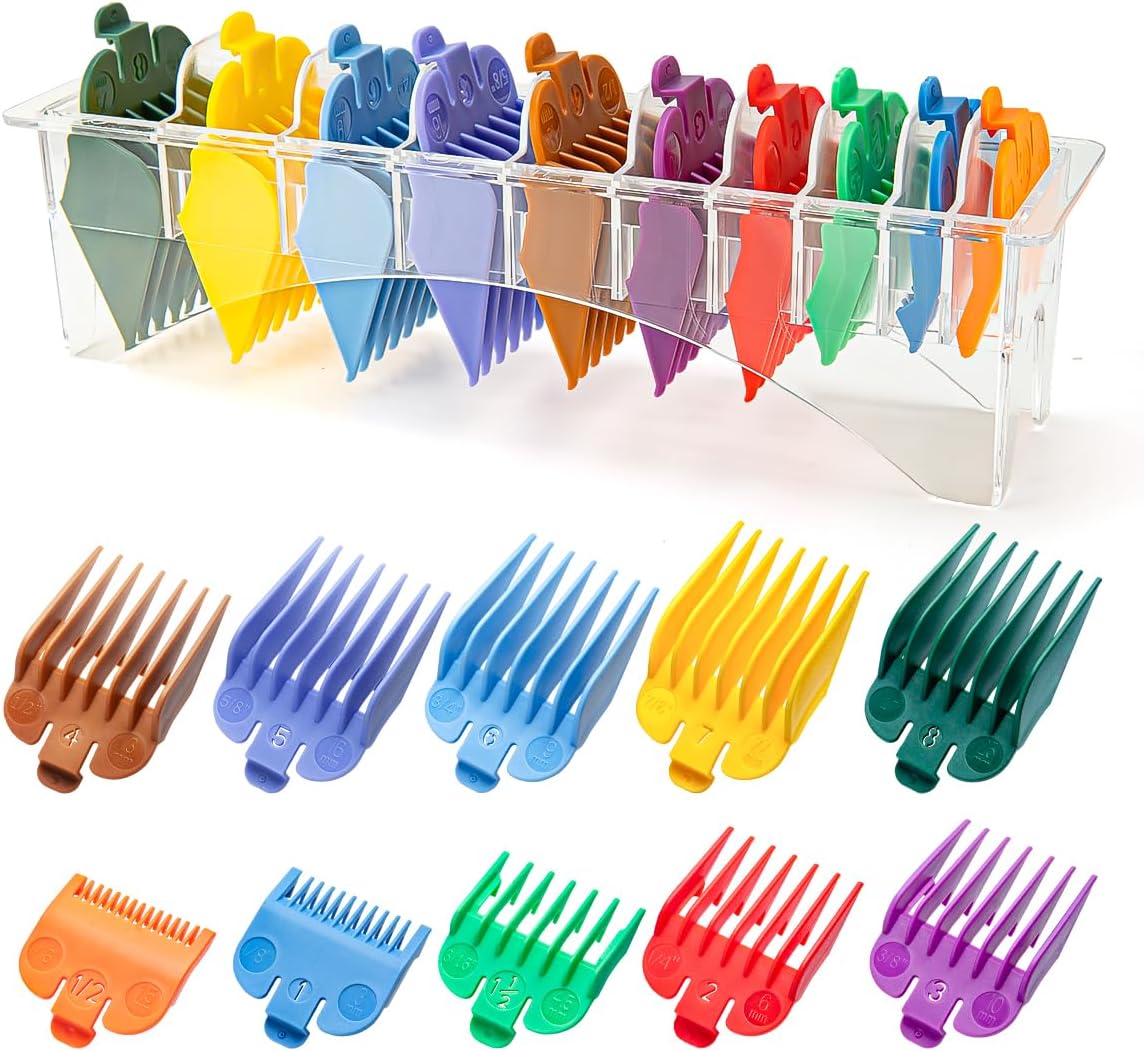10 Professional Hair Clipper Guards Cutting Guides Compatible with Most Wahl Clippers with Organizer, Color Coded Clipper Combs Replacement - 1/16" to 1"