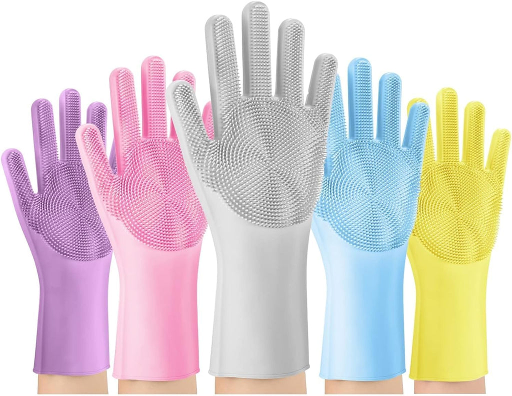 Dishwashing Sponge Gloves for Kitchen, Dishwashing Gloves Reusable Rubber Cleaning Gloves, Silicone Dishwashing Gloves Scrubber Glove, Washing Gloves for Housework, Car, Bathroom, Clothes, Pet (Gray)
