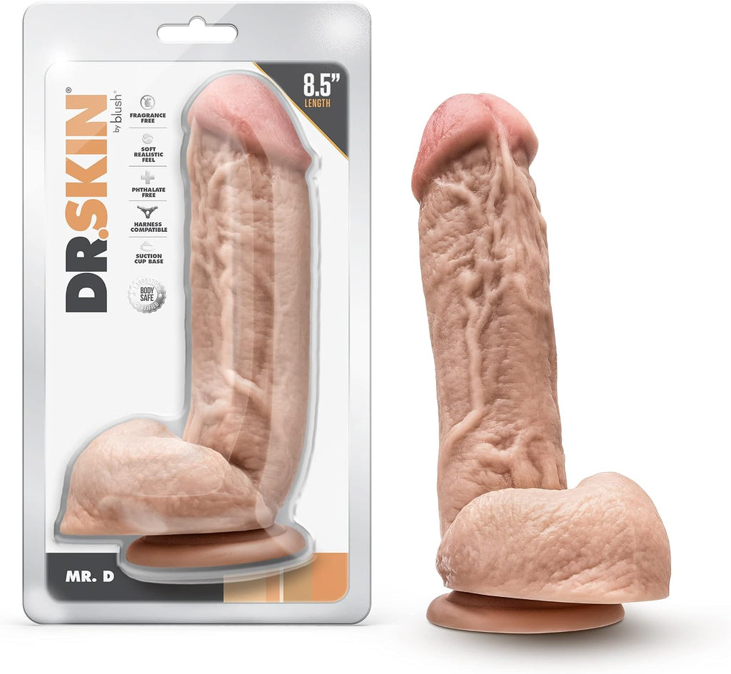 Blush Dr. Skin Mr. D 8.5" Realistic Dildo w/Balls, Handcrafted 2" Thick Penis, PVC Dong - Suction Cup, Harness Compatible, Lifelike Cock for Beginners Adult Sex Toy for Women, Men & Couples - (Beige)