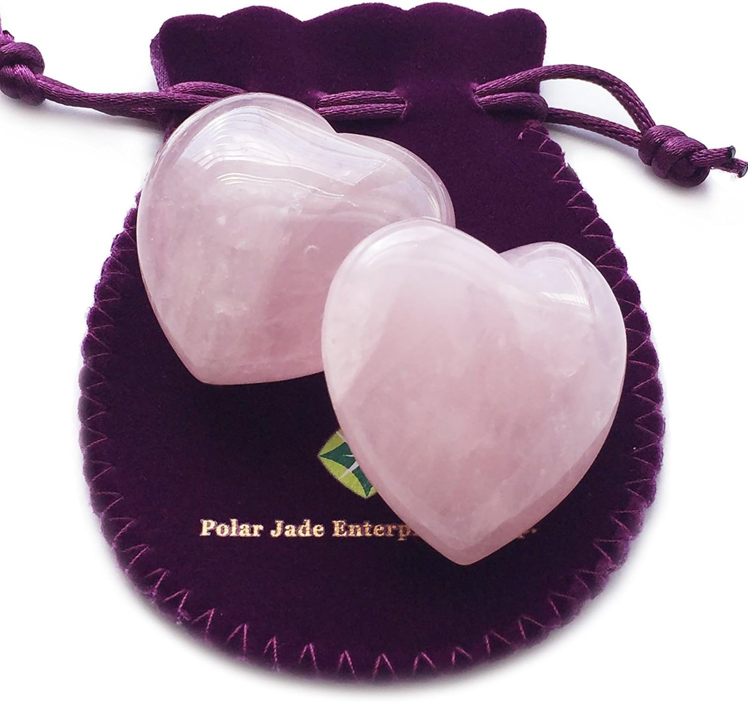 Polar Jade Set of 2 Hand-Carved Rose Quartz Puffy Hearts – 100% Natural Healing Crystals for Chakra Energy, Meditation, Massage, and Home Decor