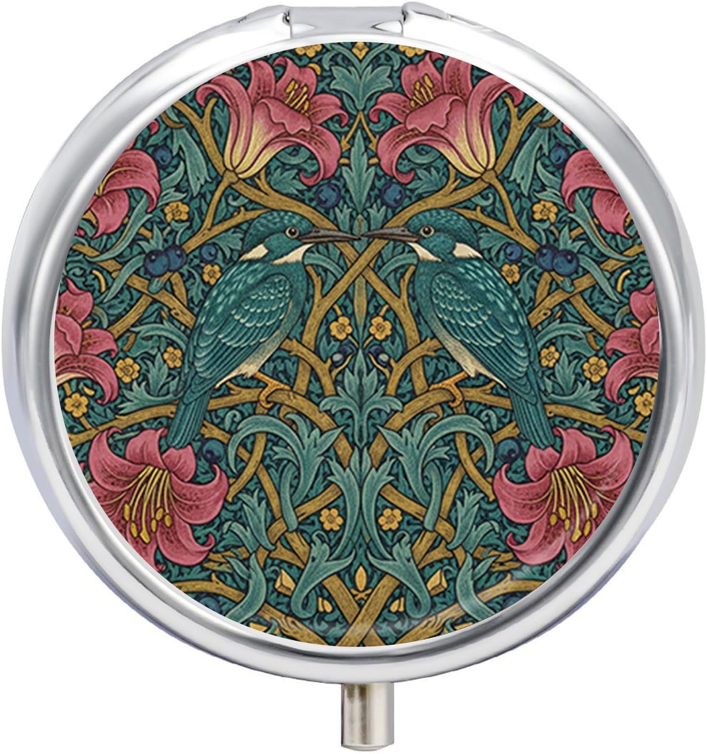 3 Compartment Travel Pill Case, Portable Round Pill Box for Pocket or Purse, Decorative Metal Medicine Vitamin Organizer. (Two Birds on the Tree)