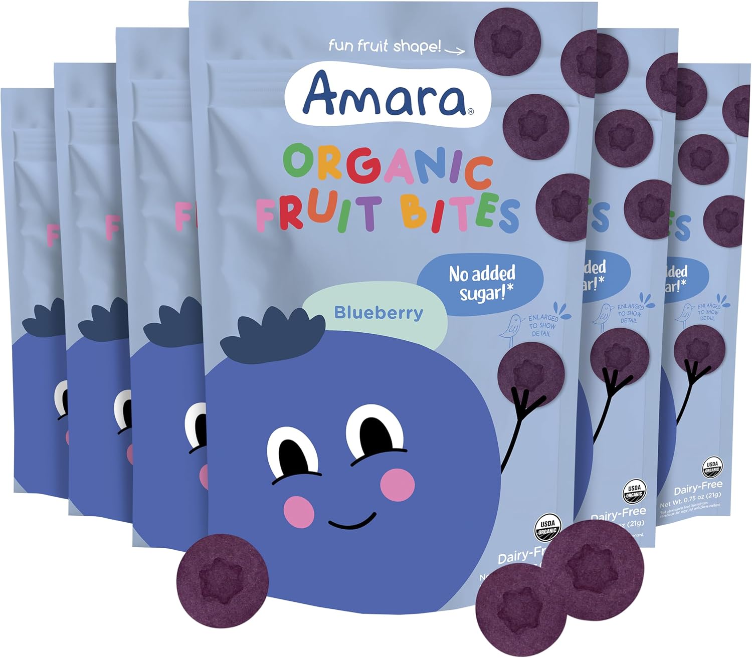 Amara Organic Fruit Bites Blueberry - No Artificial Colors/Dyes, No Added Sugar, Dairy-Free Fruit Snacks, Made with Organic Whole Foods, Healthy Fruit Snacks for Kids - 6 Pack