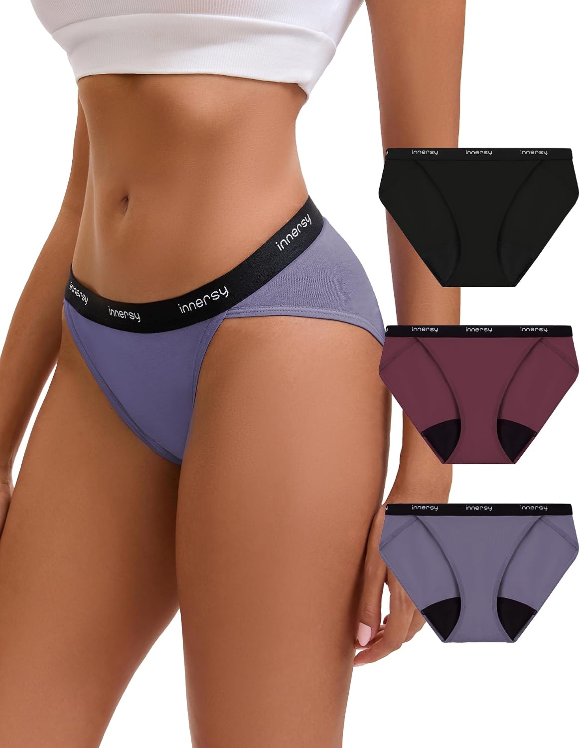 INNERSY Women's Bikini Period Underwear Cotton Menstrual Leakproof Panties 3-Pack