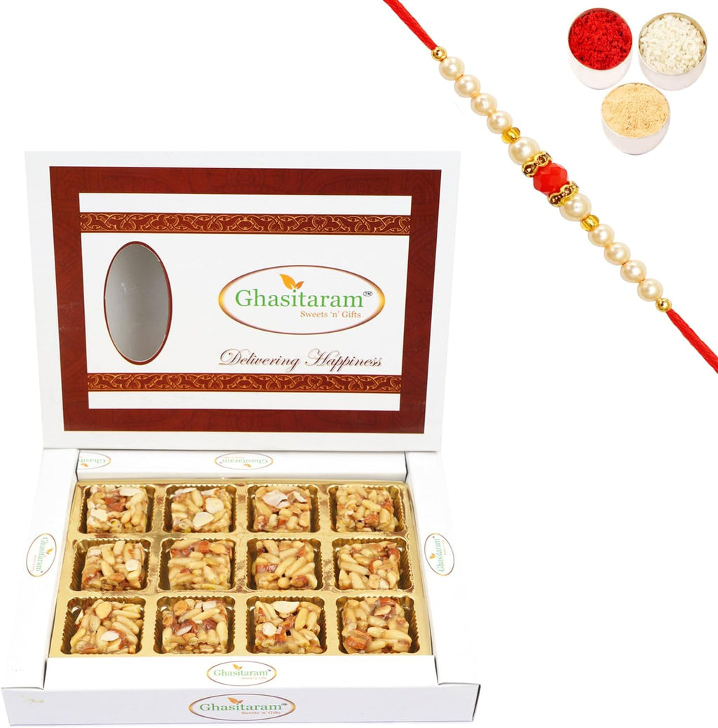 Ghasitaram Gifts Rakhi Gifts for Brothers Rakhi Sweets - Pine Nut Barfi 12 pcs with Beads Rakhi