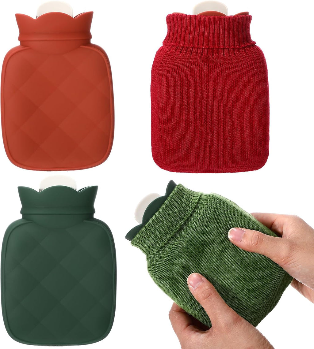 VIHOSE 2 Pcs Small Hot Water Bottle Bag 350ml for Hot & Cold Compress with Removable Knitted Cover Silicone Microwave Heating Mini Water Bag for Travel Holiday Gifts