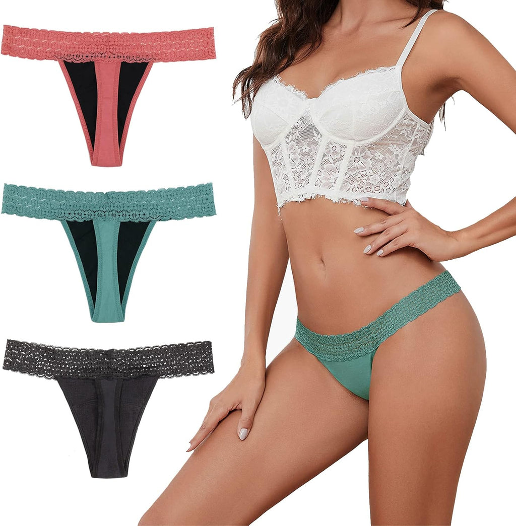 Sexy Period Underwear for Women, Lace Leak Proof Period Thongs, 4 Layers Absorbent Panties Bikinis