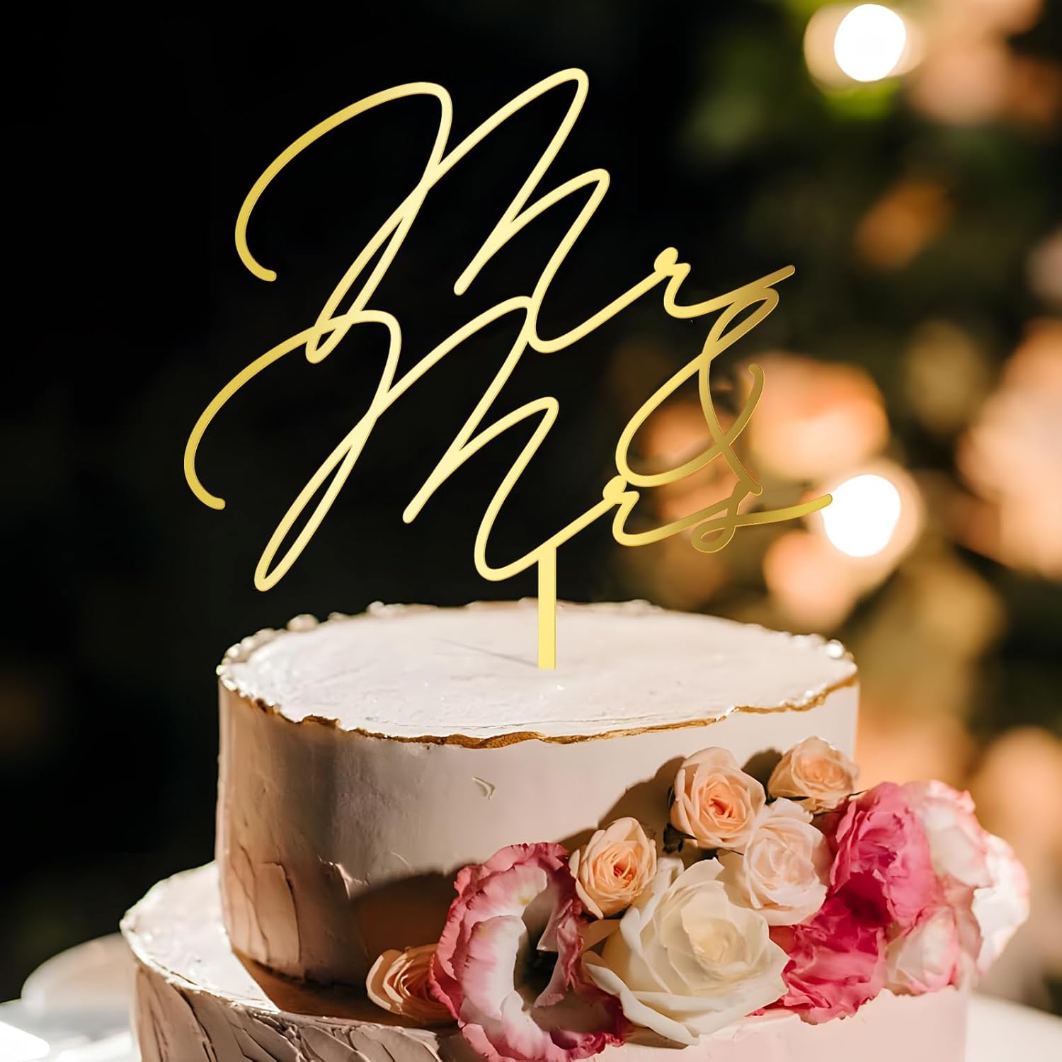 Mr & Mrs Wedding Cake Topper in Golden Acrylic (Design 03)