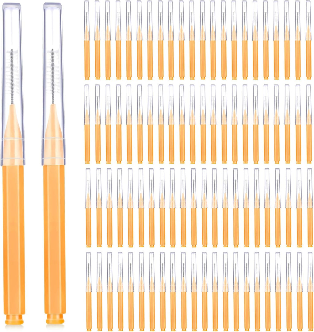 Patelai 100 Pieces Braces Dental Brush for Cleaner Interdental Toothpick Dental Tooth Flossing Head Oral Hygiene Flosser Toothpick Cleaners Tooth Tool(Orange,Ideal Size)