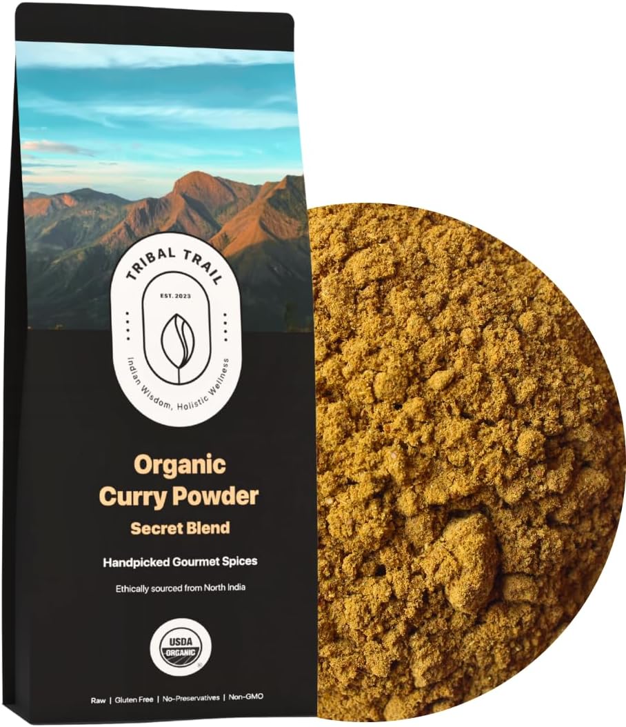 Tribal Trail Organic Curry Powder | 15 Spice Blend | 7.05 oz | USDA Organic & Non-GMO | Recyclable Kraft Bags | Best for Curries, Salad, Meat & Rice Dishes | Ethically Sourced from India | Mildly Spiced