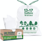 Biodegradable 13-17 Gallon Code-Q Trash Bags (50 Pack) | Strong Heavy-Duty Tall White Kitchen Bags w/Drawstring | Fits Simplehuman & Standard Cans | Eco-Friendly D2W, 30 Micron Thick | 25.6" x 33.5"