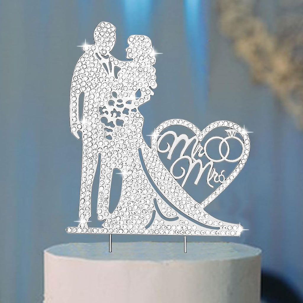 Wedding Cake Topper Rhinestone Mr and Mrs Cake Topper Bride and Groom Bridal Shower Party Metal Silver Wedding Decorations Supplies